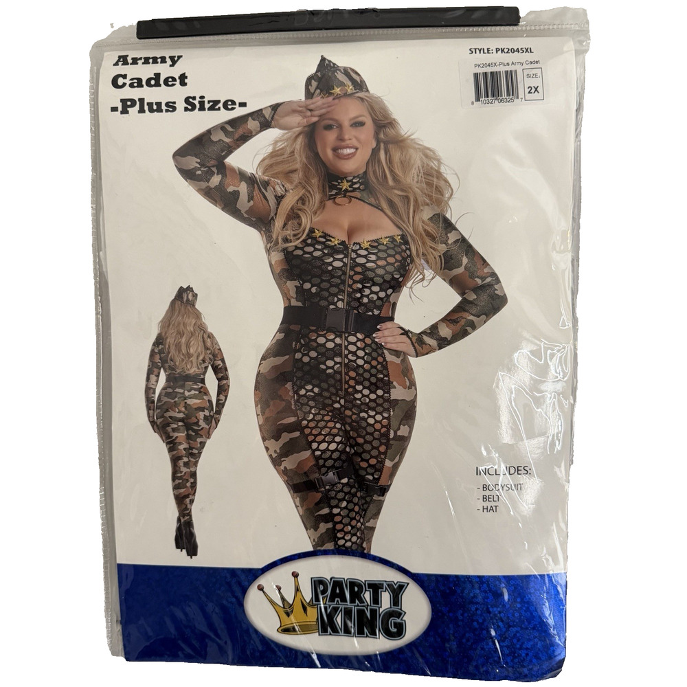 Adult Halloween Costume Army Cadet Size 2X (20-22) Camo Zip Front Body Suit